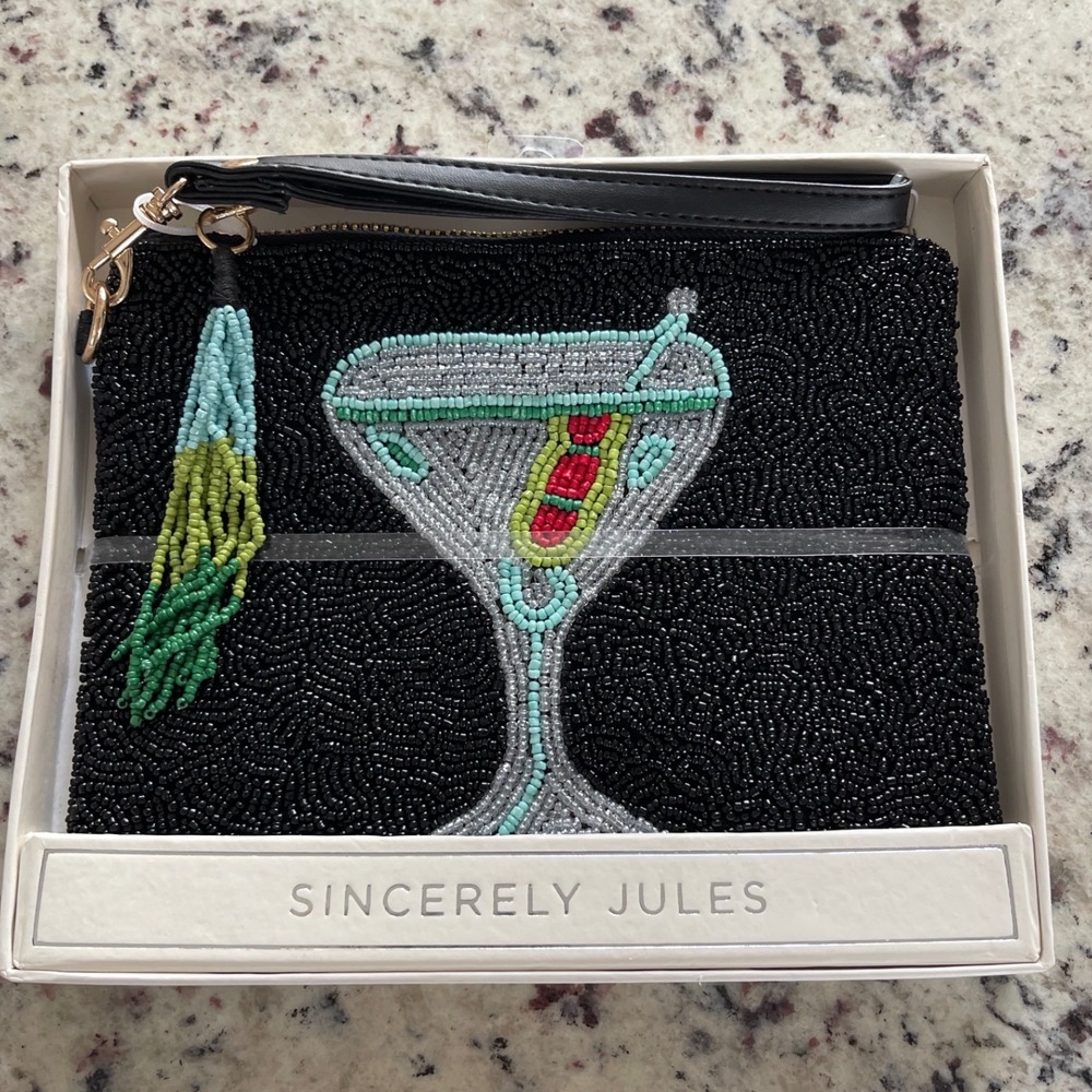 Sincerely Jules Beaded Martini Wristlet Clutch Bag Black Cocktail Novelty Pouch